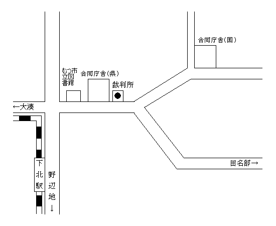 地図：簡易裁判所，青森家庭裁判所 むつ出張所の周辺地図