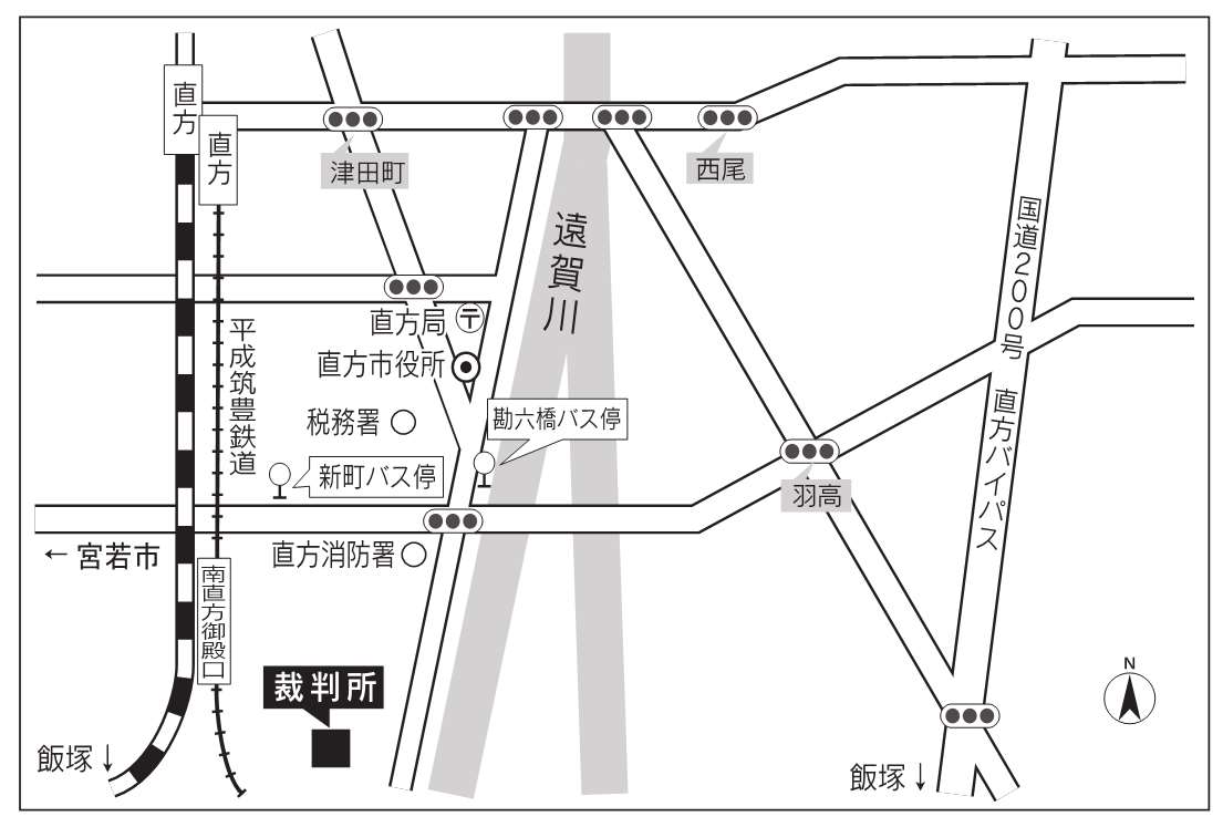 地図：福岡地方・家庭裁判所 直方支部，直方簡易裁判所