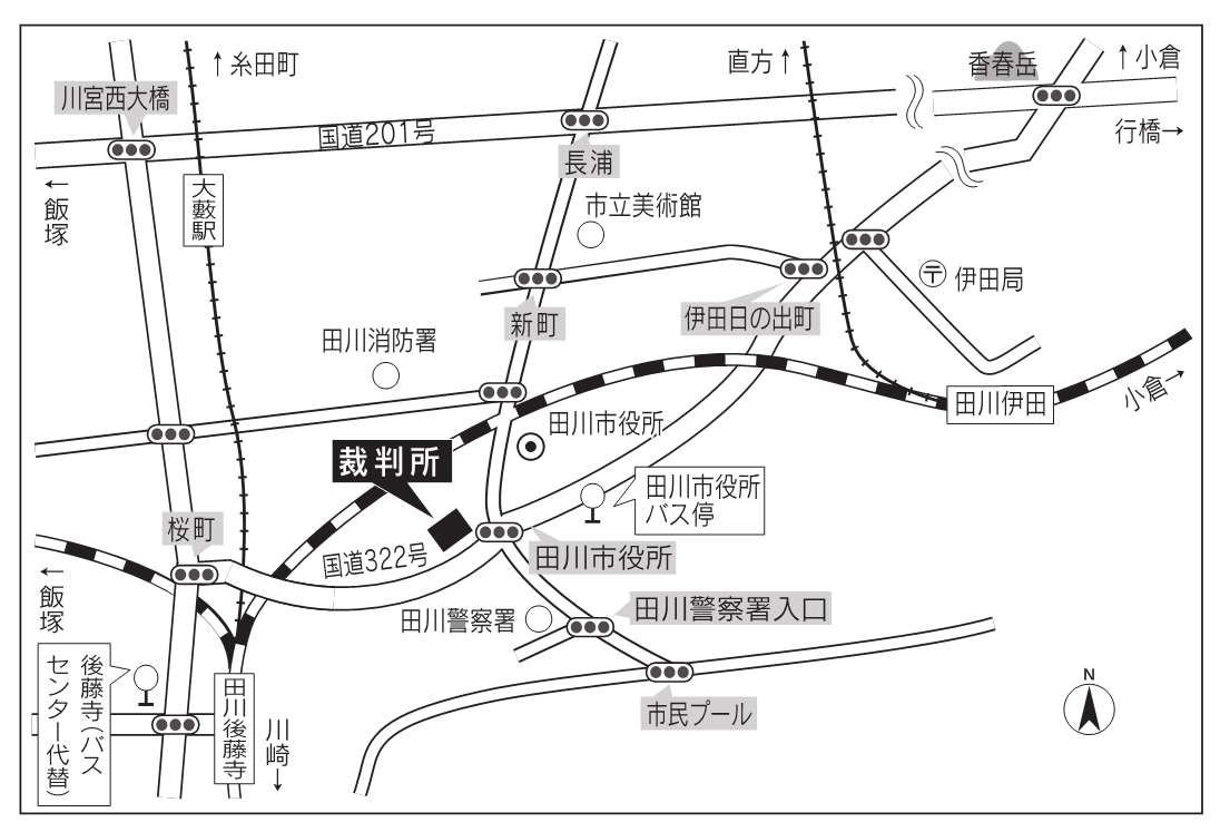 地図：福岡地方・家庭裁判所 田川支部，田川簡易裁判所
