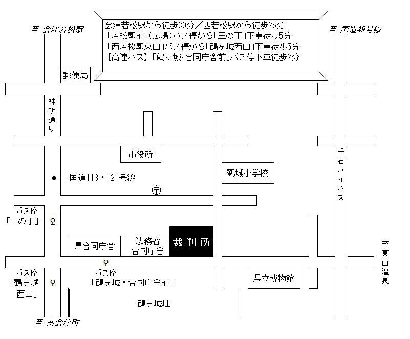 地図：福島地方・家庭裁判所 会津若松支部，会津若松簡易裁判所の周辺地図。会津若松駅から徒歩30分、駅前バス停から「三の丁」又は「鶴ヶ城西口」下車徒歩5分、「鶴ヶ城・合同庁舎前」下車徒歩2分。