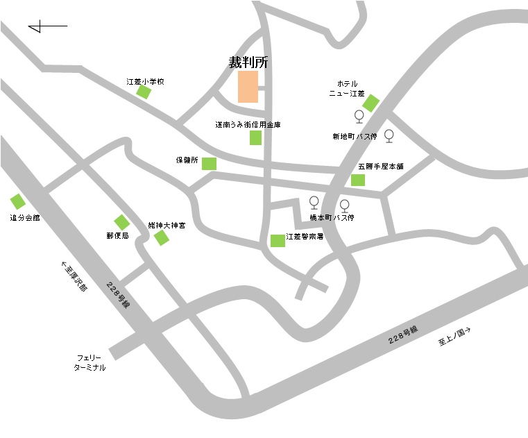 地図：函館地方・家庭裁判所江差支部、江差簡易裁判所の所在地