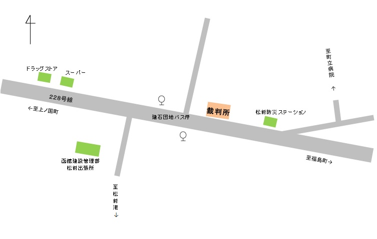 地図：函館家庭裁判所松前出張所，松前簡易裁判所の所在地