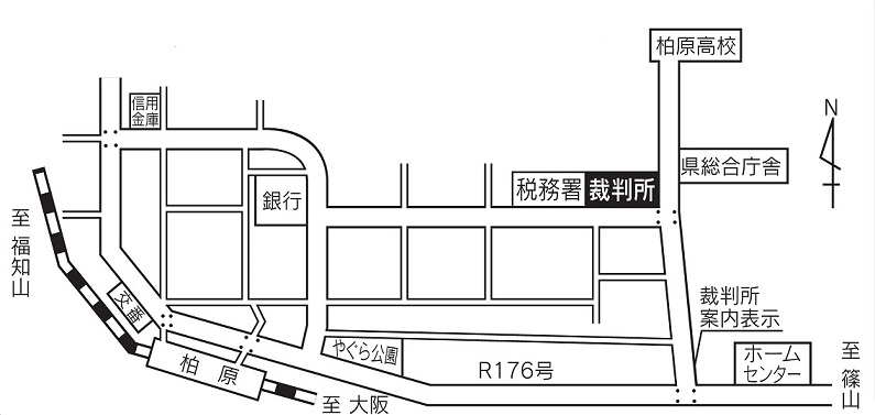 地図：神戸地方裁判所 柏原支部，柏原簡易裁判所の所在地