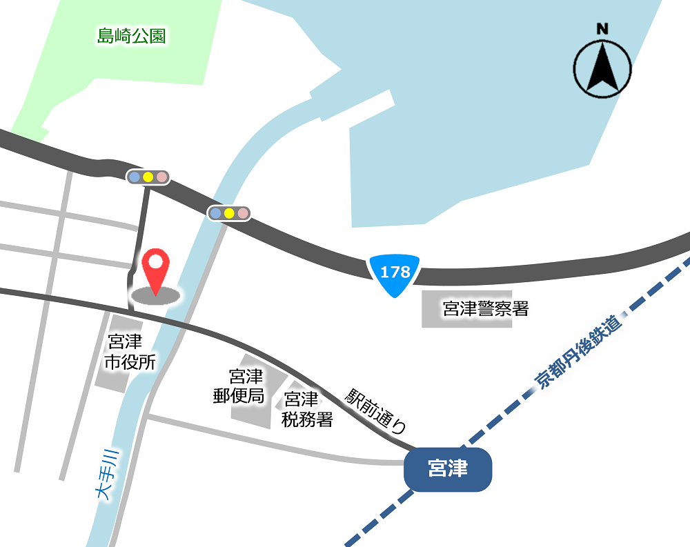 地図：京都地方裁判所 宮津支部，宮津簡易裁判所の所在地