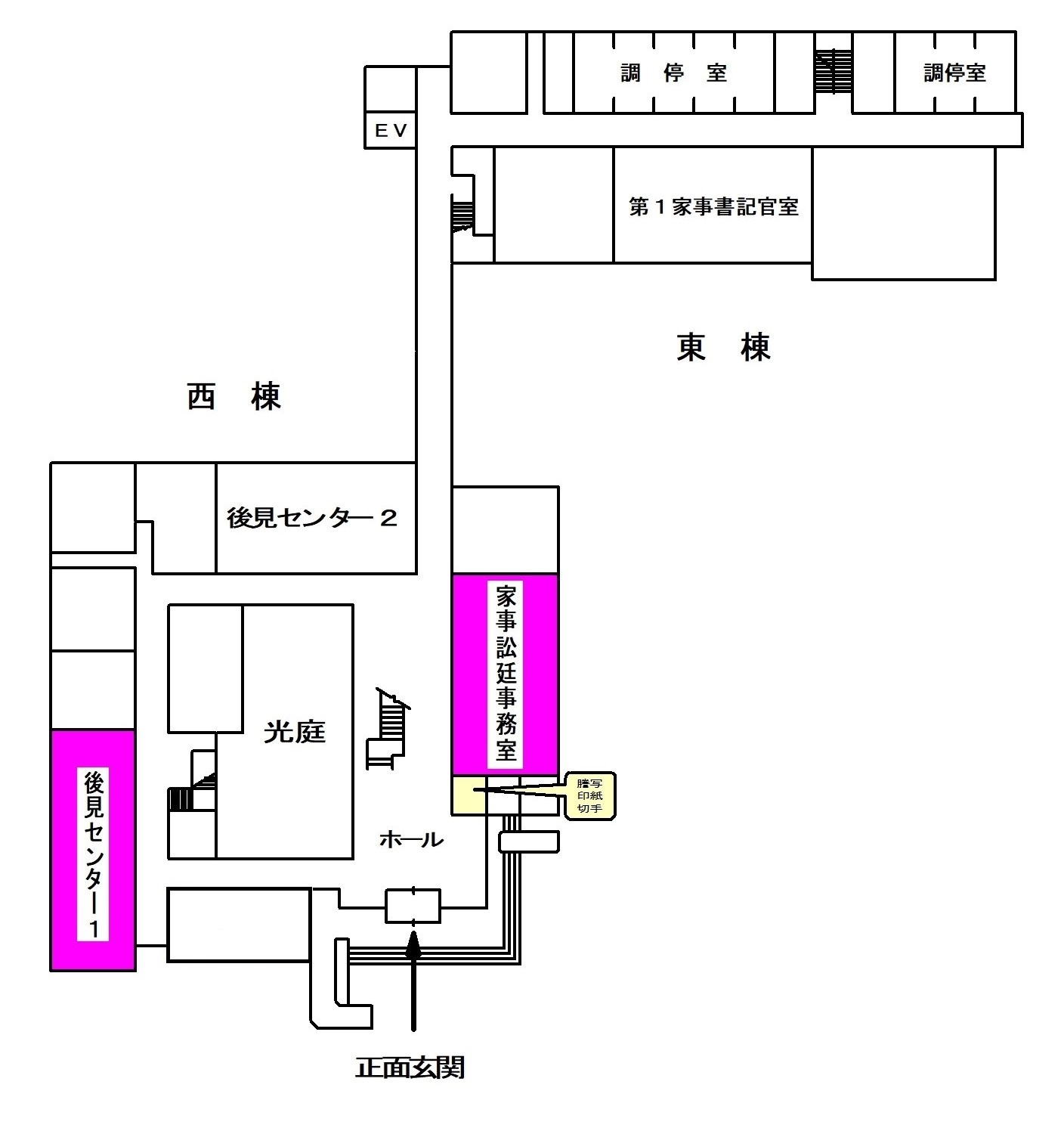 図版：京都家庭裁判所　西棟1階案内図