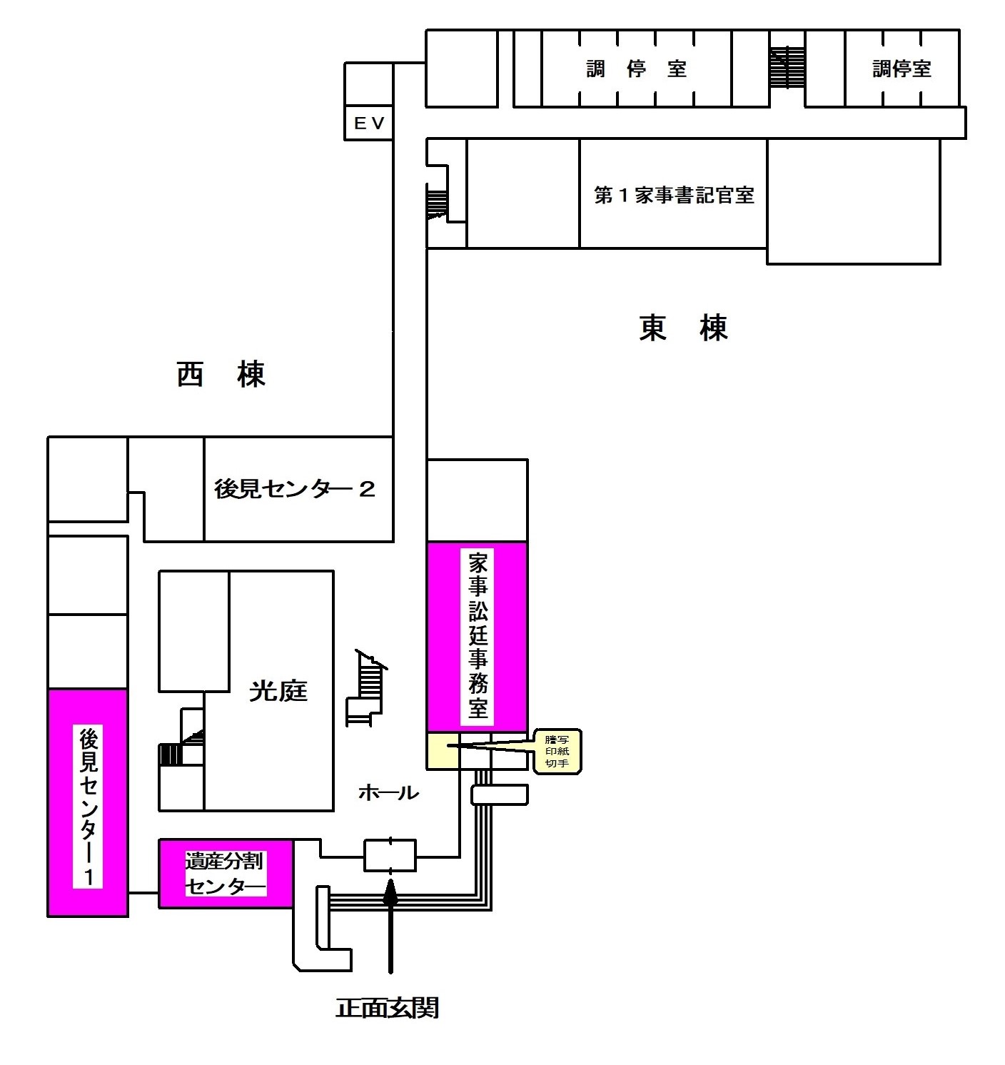 図版：京都家庭裁判所　西棟1階案内図