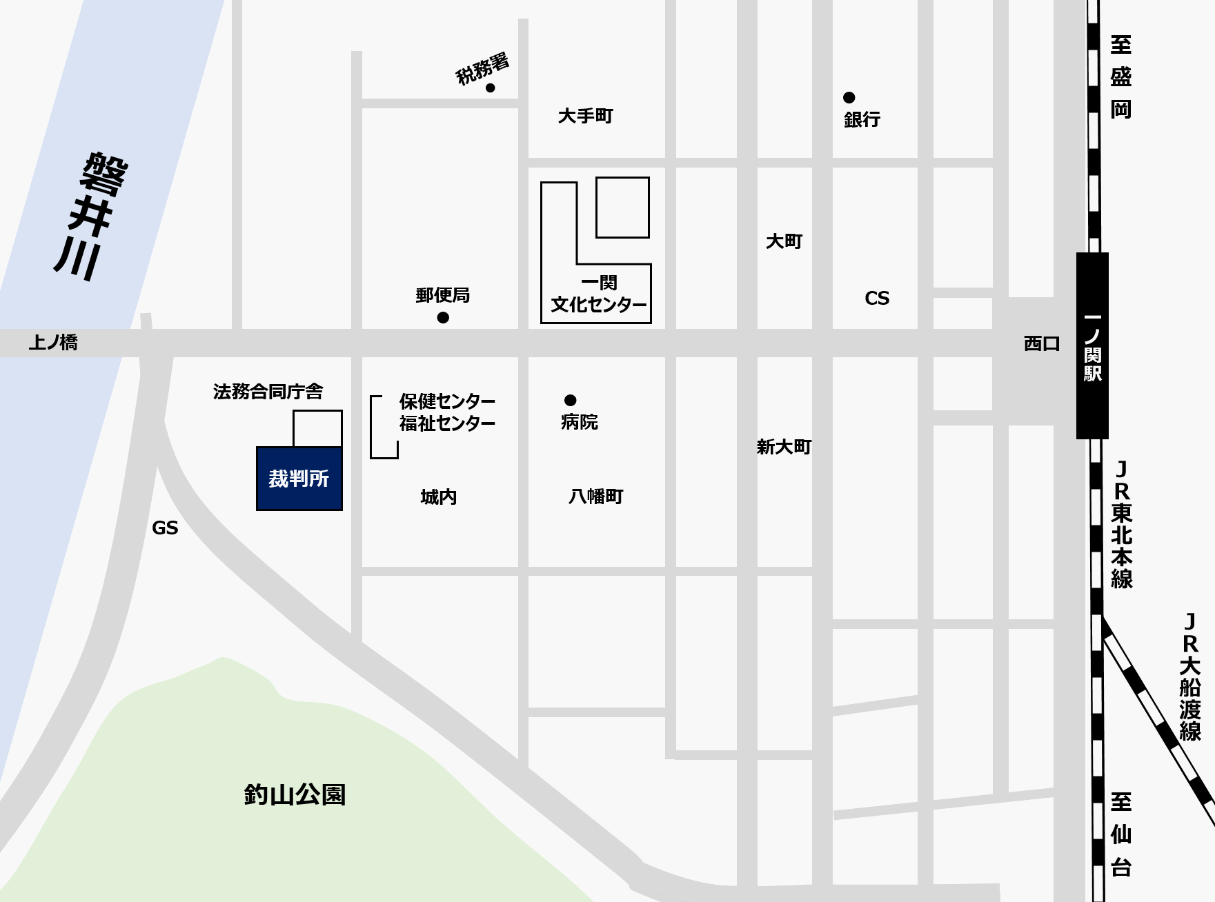 地図：盛岡地方・家庭裁判所 一関支部，一関簡易裁判所の周辺地図