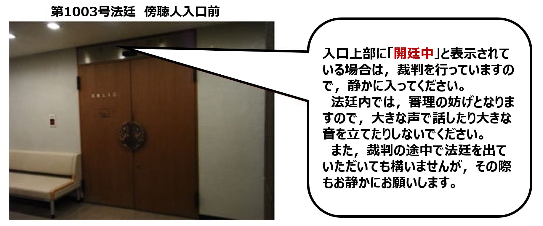 写真：第1003号法廷 傍聴人入口前（入口上部に「開廷中」と表示されている場合は、裁判を行っていますので、静かに入ってください。法廷内では、審理の妨げとなりますので、大きな声で話したり大きな音を立てたりしないでください。また、裁判の途中で法廷を出ていただいても構いませんが、その際もお静かにお願いします。）