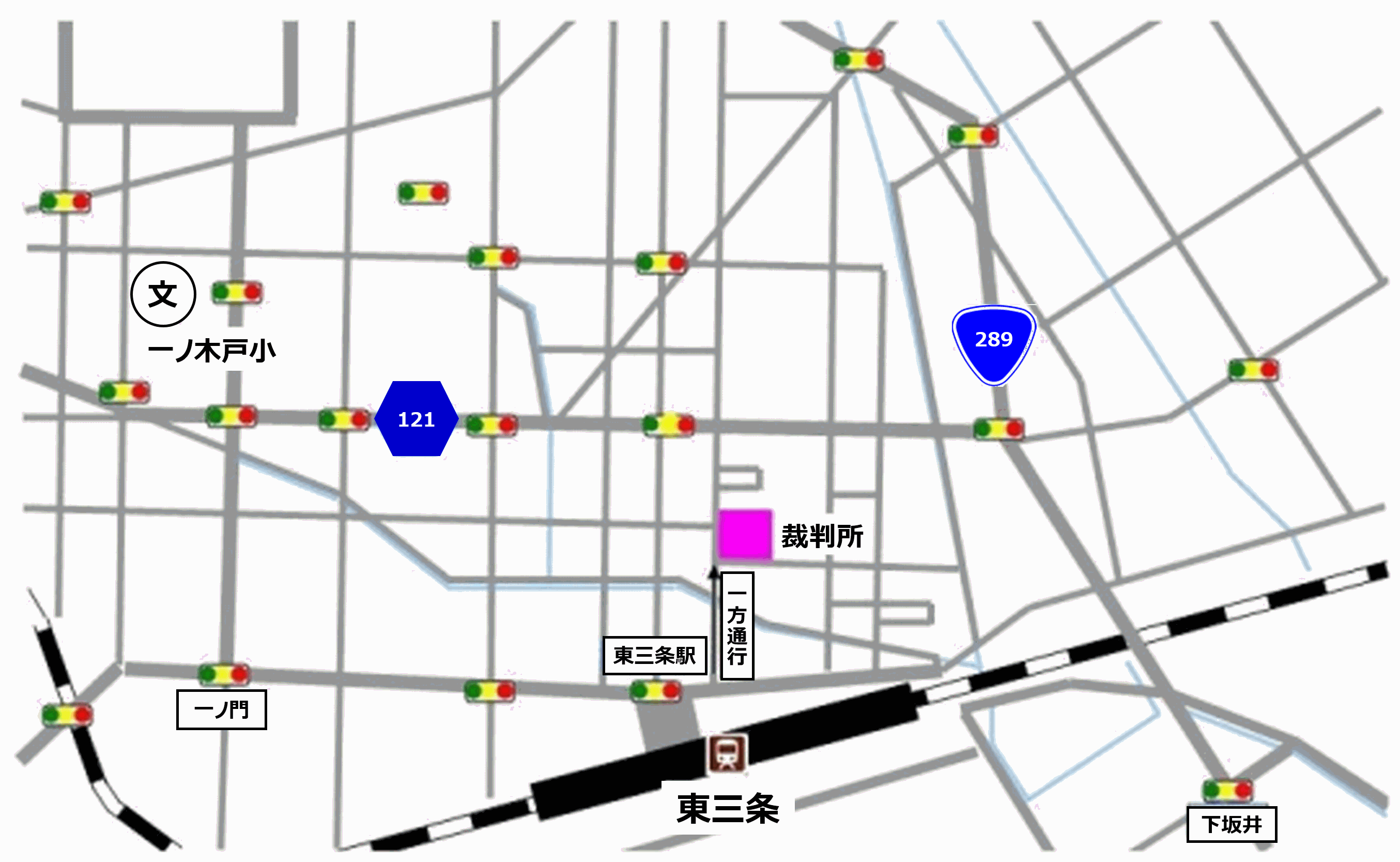 地図：新潟地方・家庭裁判所 三条支部，三条簡易裁判所の所在地
