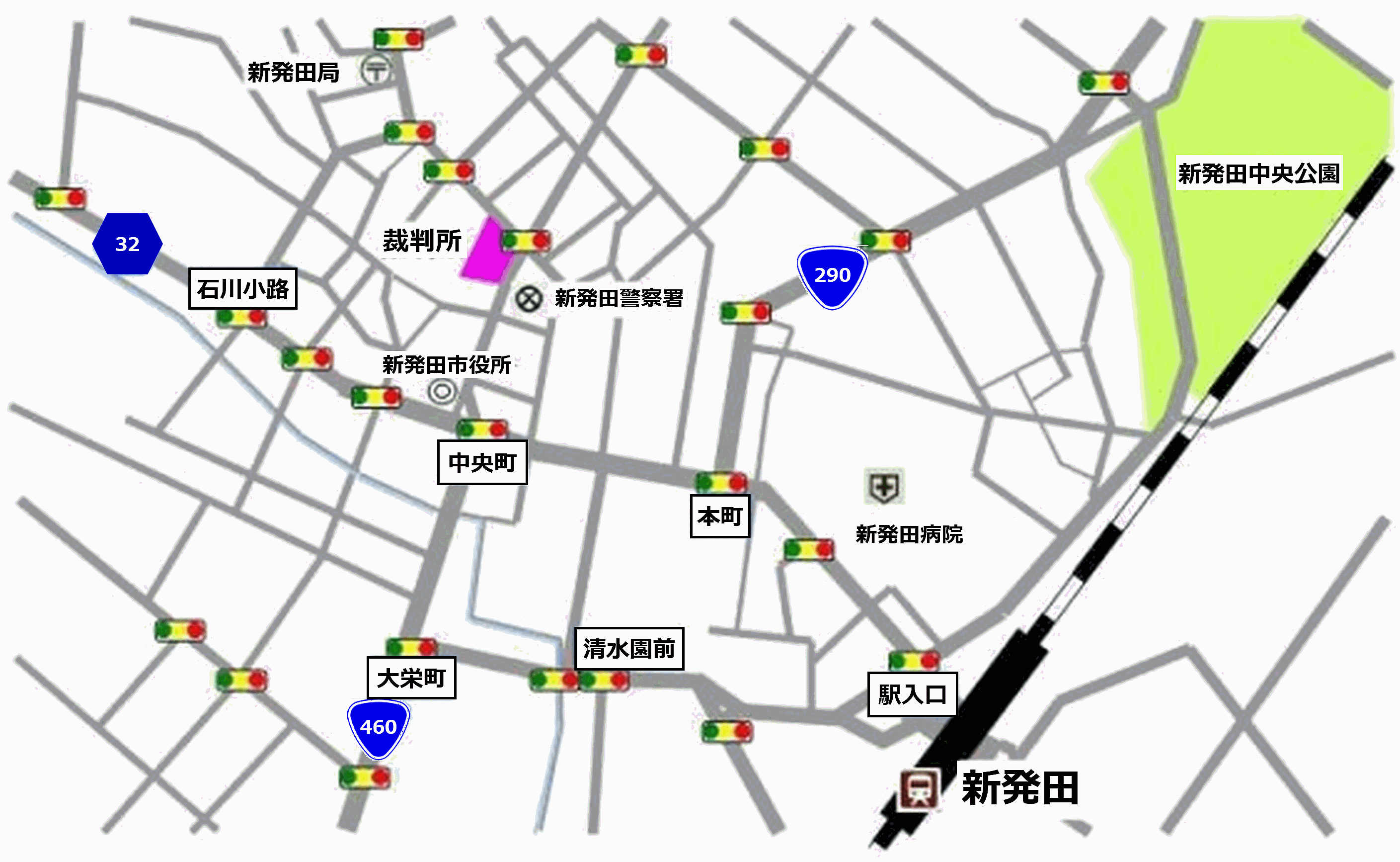 地図：新潟地方・家庭裁判所 新発田支部，新発田簡易裁判所の所在地