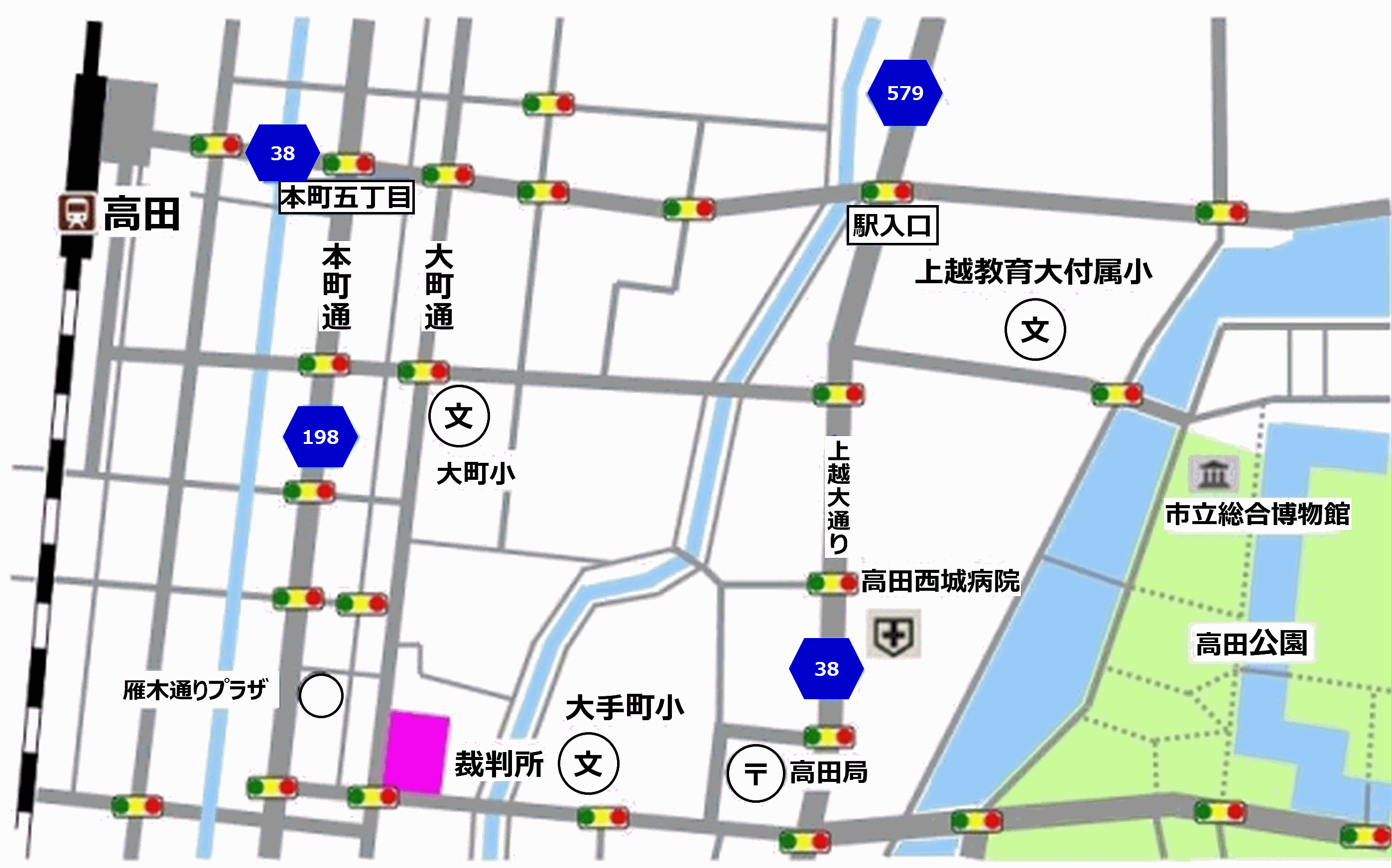 地図：新潟地方・家庭裁判所 高田支部，高田簡易裁判所の所在地