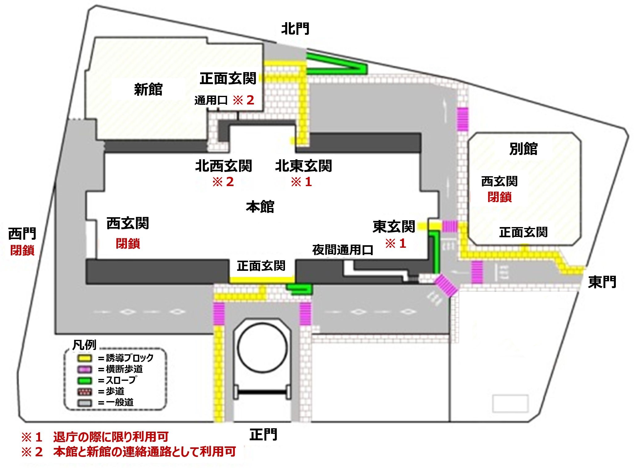 図版：庁舎の位置関係を示した図。本館の東側に別館、本館の北側に新館がそれぞれあります。