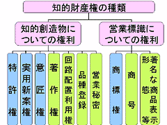 図版：画像3 知的財産権の種類 知的財産権の種類は、知的創造物と営業標識についての権利に分かれており、知的創造物は、特許権、実用新案権、意匠権、著作権、回路配置利用権、品種登録、営業秘密に分かれています。後者は、商標権、商号、著名な商品表示形態等に分かれています。