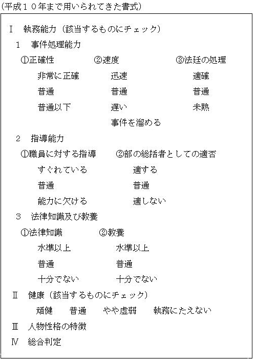 図：平成10年まで用いられてきた書式 1執務能力(該当するものにチェック) 1-1事件処理能力　1-1-1正確性（非常に正確/普通/普通以下）1-1-2速度(迅速/普通/遅い/事件を留める)1-1-3法廷の処理(適確/普通/未熟)　2指導能力　2-1職員に対する指導(すぐれている/普通/能力に欠ける)　2-2部の総括者としての適否(適する/普通/適さない)　3法律知識及び教養　3-1法律知識(水準以上/普通/十分でない)　3-2教養(水準以上/普通/十分でない)　2健康（該当するものにチェック）頑健/普通/やや虚弱/執務にたえない　3人物性格の特徴　4総合判定