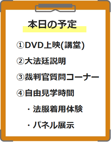 画像:「本日の予定」1DVD上映(講堂)、2大法廷説明、3裁判官質問コーナー、4自由見学時間、・法服着用体験・パネル展示