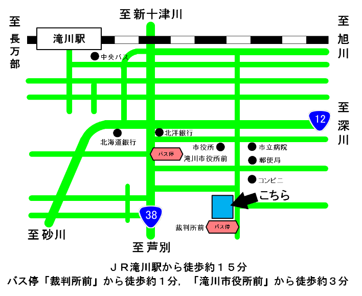 地図：札幌地方裁判所 滝川支部，滝川簡易裁判所の所在地