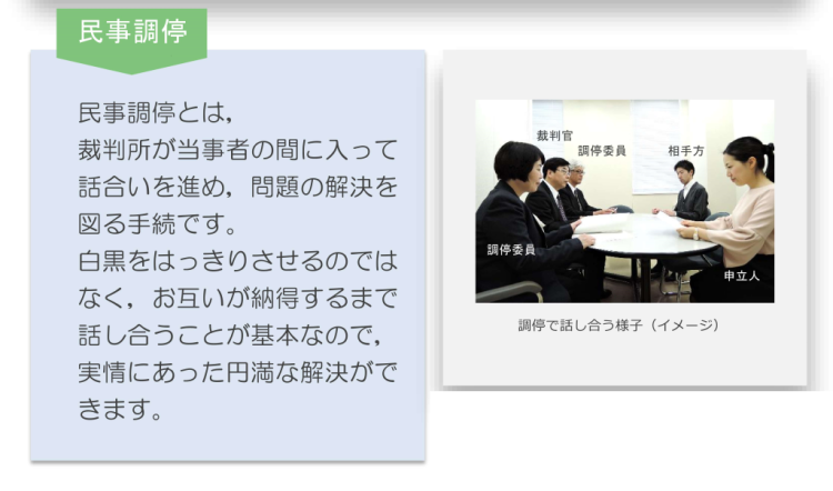 写真：民事調停とは、裁判所が当事者の間に入って話合いを進め、問題解決を図る手続きです。白黒はっきりさせるのではなく、お互いが納得するまで話し合うことが基本なので、実情にあった円満な解決ができます。