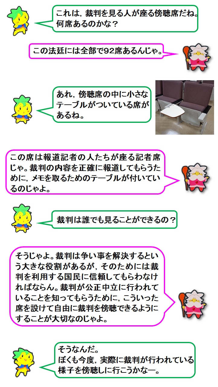 説明文：これは，裁判を見る人が座る傍聴席だね。何席あるのかな？この法廷には全部で92席あるんじゃ。あれ，傍聴席の中に小さなテーブルがついている席があるね。この席は報道記者の人たちが座る記者席じゃ。裁判の内容を正確に報道してもらうために，メモを取るためのテーブルが付いているのじゃよ。裁判は誰でも見ることができるの？そうじゃよ。裁判は争い事を解決するという大きな役割があるが，そのためには裁判を利用する国民に信頼してもらわなければならん。裁判が公正中立に行われていることを知ってもらうために，こういった席を設けて自由に裁判を傍聴できるようにすることが大切なのじゃよ。そうなんだ。ぼくも今度，実際に裁判が行われている様子を傍聴しに行こうかなー。