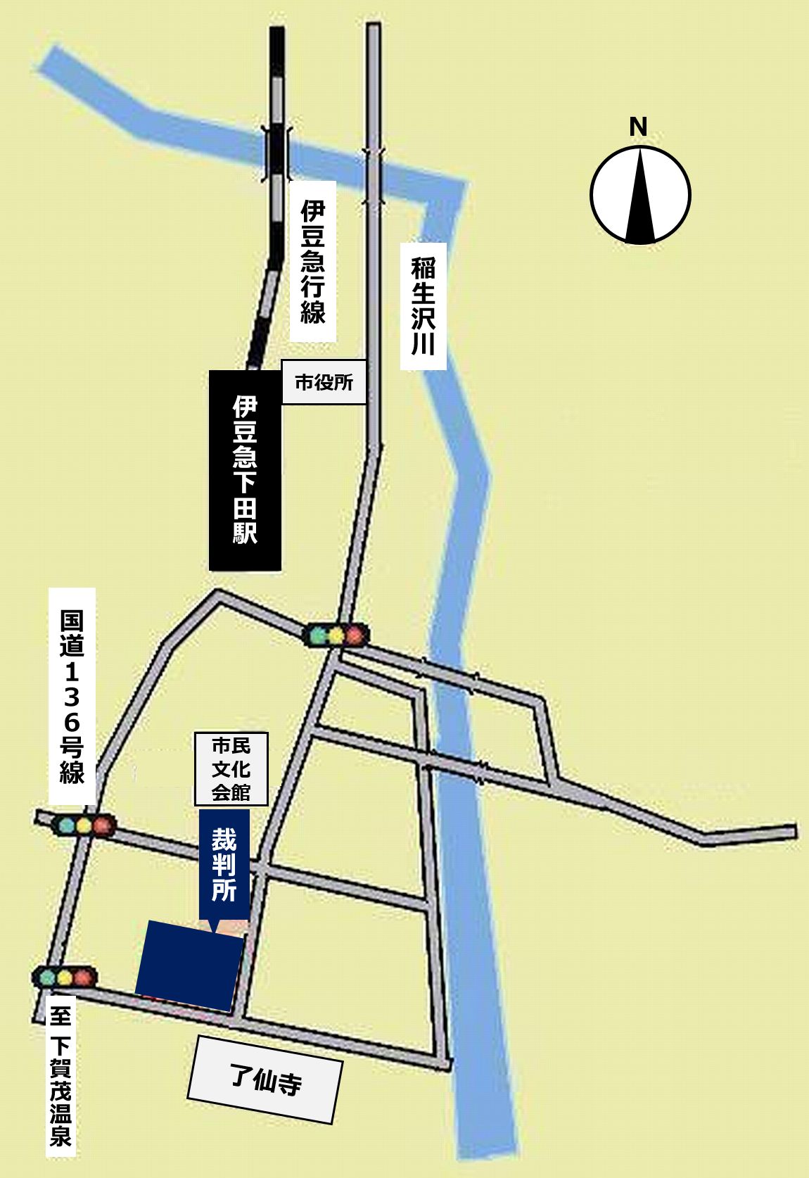 地図：静岡地方・家庭裁判所 下田支部，下田簡易裁判所