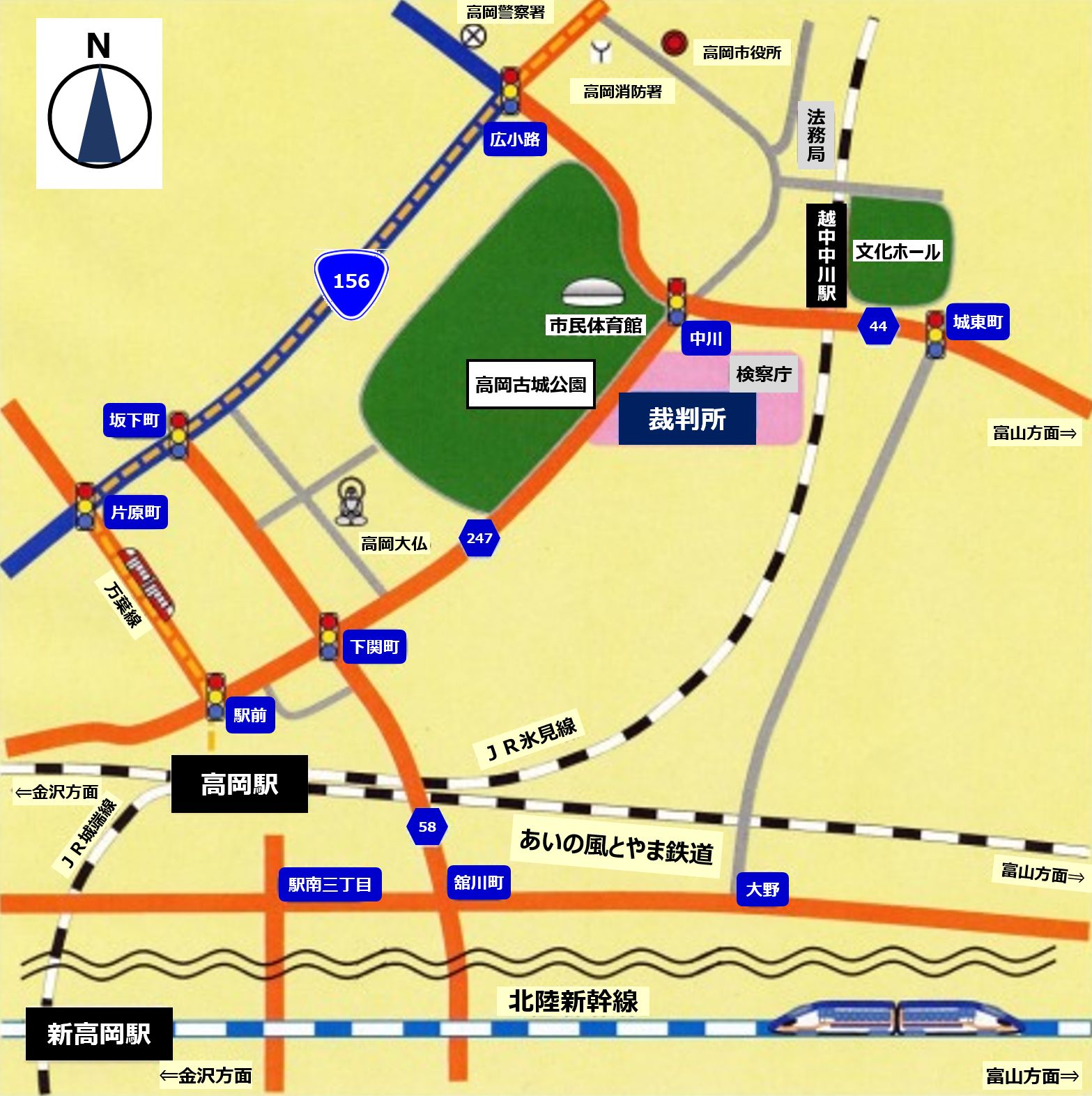 地図：富山地方裁判所高岡支部 富山家庭裁判所高岡支部 高岡簡易裁判所