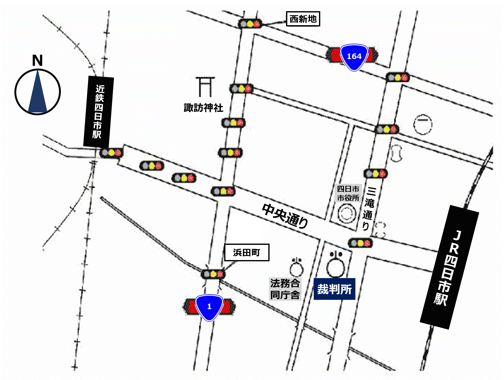 地図：津地方・家庭裁判所 四日市支部，四日市簡易裁判所の所在地