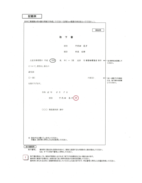 画像：訴え取下書記載例