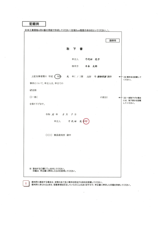 画像：調停申立て取下書記載例