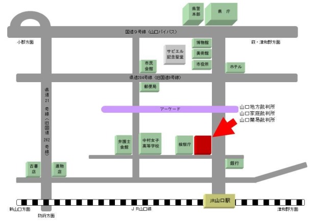 地図：山口地方・家庭・簡易裁判所の所在地